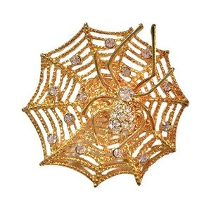 Spider on Spiderweb Ring Gold and Crystal Statement Gothic Halloween